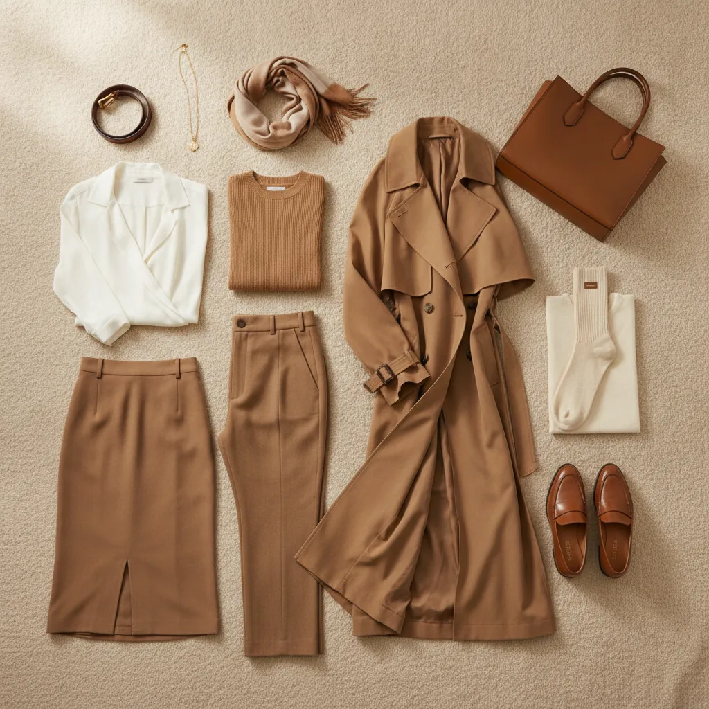 A thoughtfully arranged capsule wardrobe laid flat